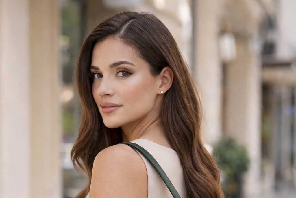 Woman carrying a green handbag on a city street