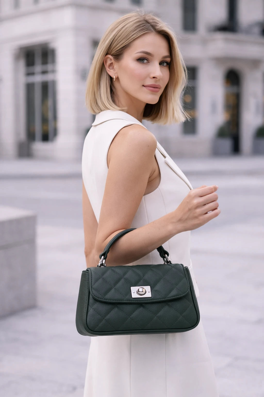 Diamond-Quilted Top-Handle Bag